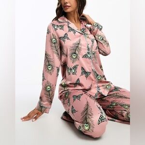 Luxurious Satin Butterfly and Peacock Long Pajama Set In Blush Pink